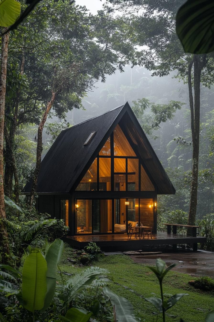 modern tiny log cabin with A frame facade in tropical mountain forest 2