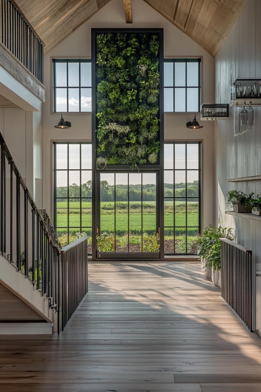 modern barn style home farmhouse modern interior with indoor vertical garden stunning green farmland fields visible through large windows 3