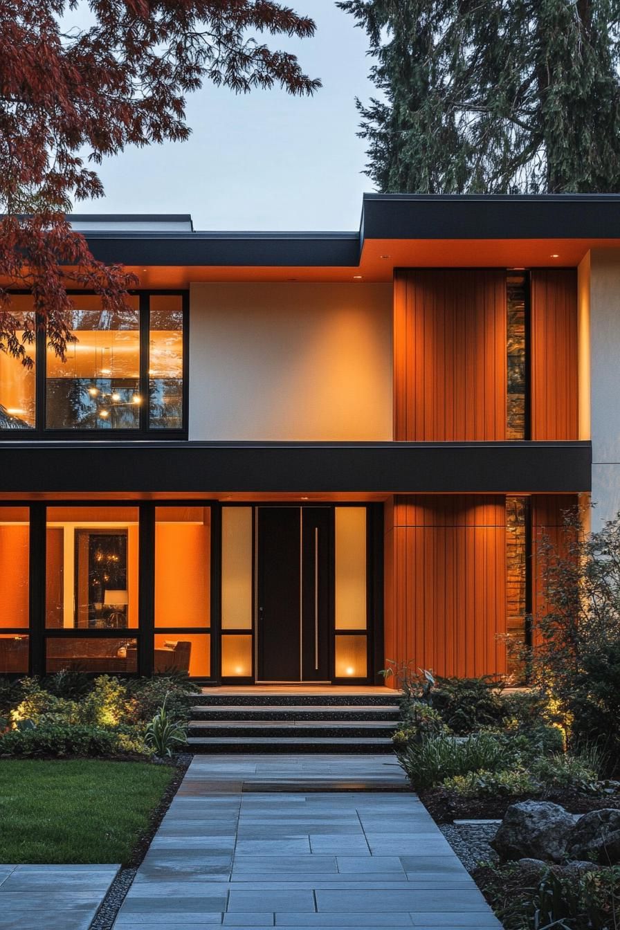 mid century modern house facade in rust orange and cream with dark wood panels 3