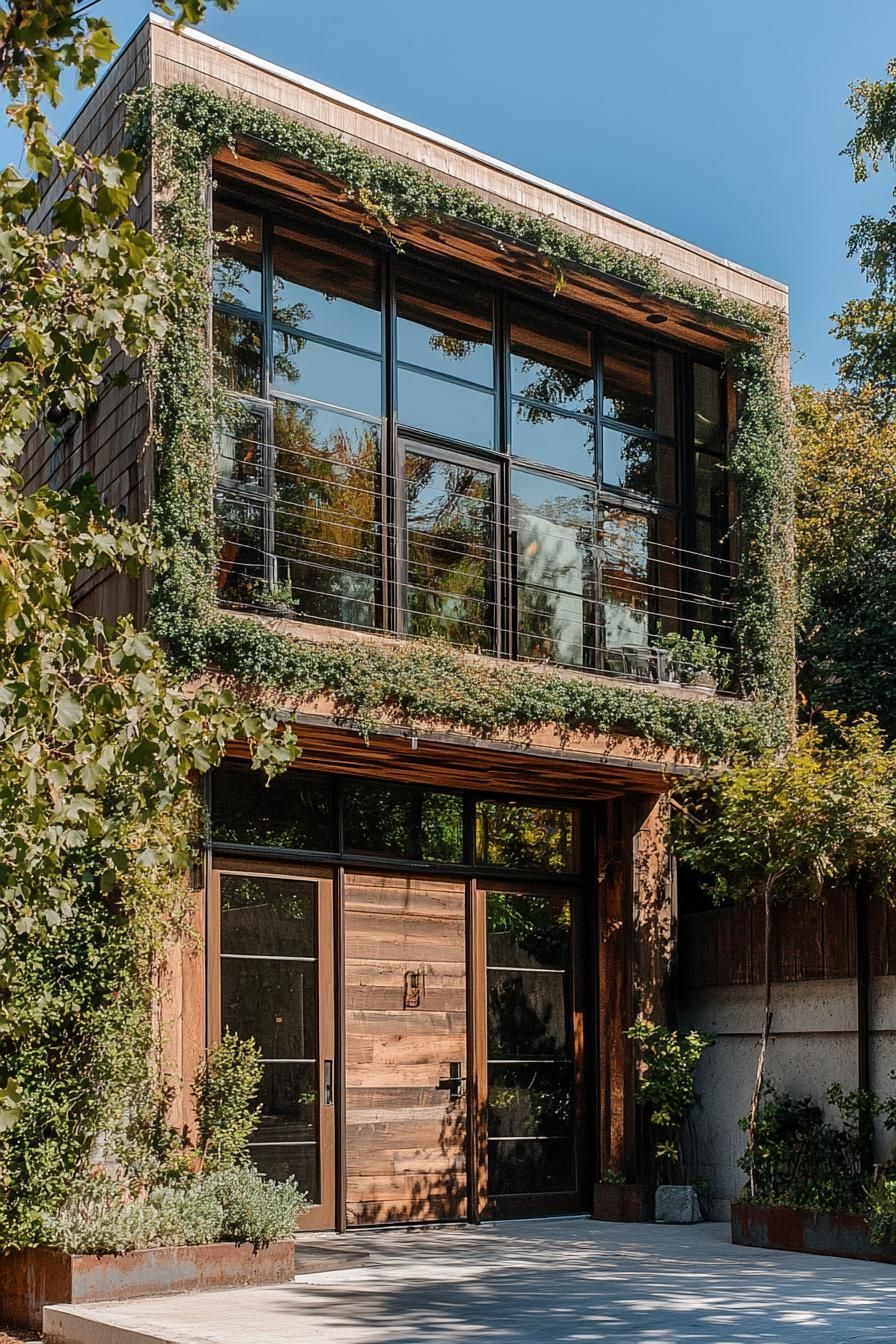 modern bohemian house facade with rustic cladding and climbing vines