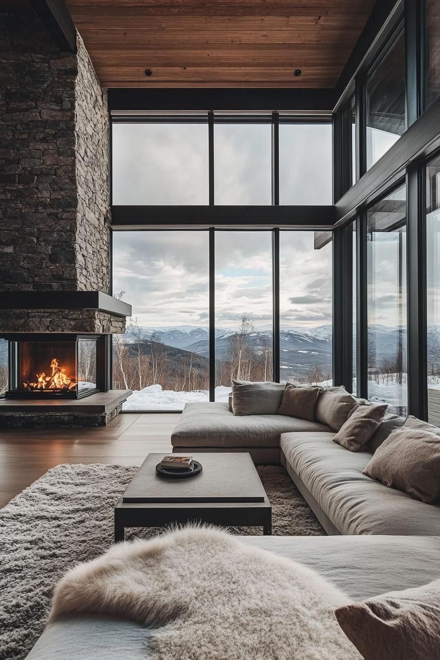 Modern Mountain Home With a Sleek Minimalist Stone Fireplace stunning Scandinavian mountain views through the windows 2