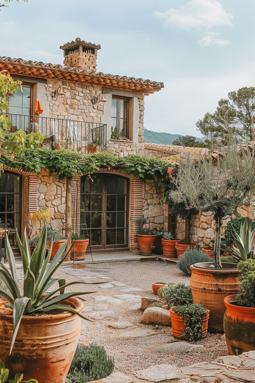 mediterranean house garden clay pots