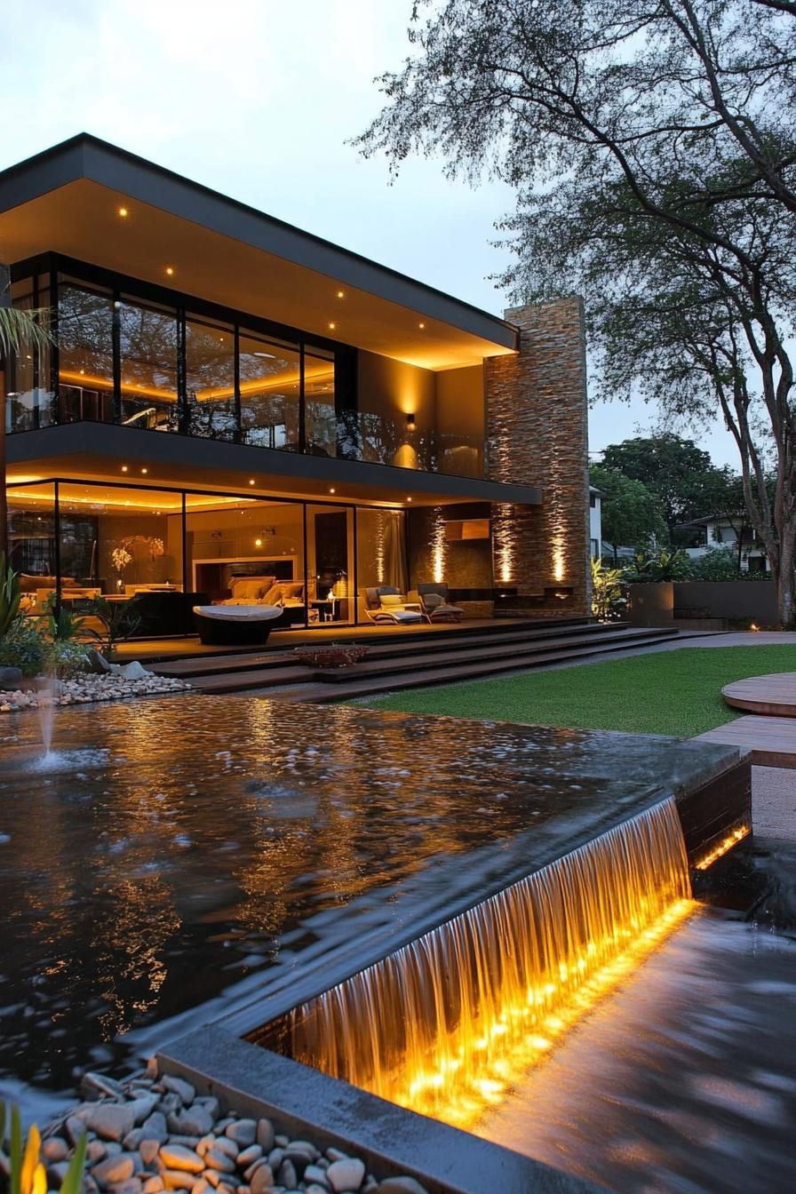 modern house yard water features with LED 3