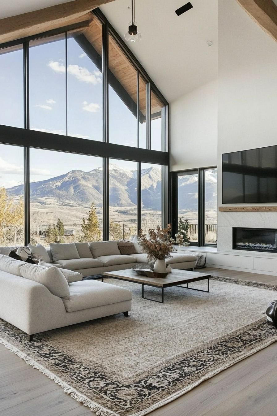 modern L shaped farmhouse living room minimalist interior large windows overlooking stunning mountains 2
