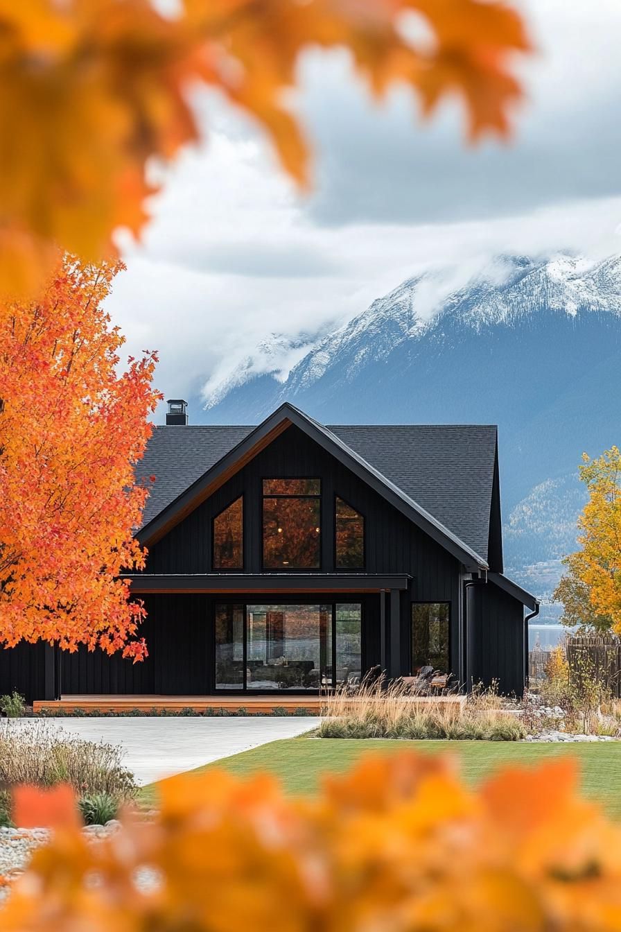 modern barndominium house black stucco facade with dark walnut porch stunning Canadian fall maple mountain views 2
