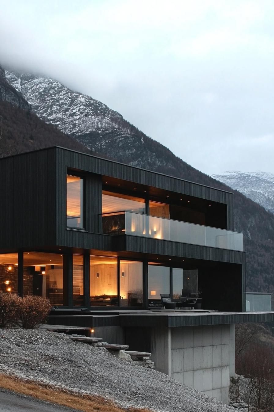 Charcoal-stained Timber Exterior With Large Glass Windows