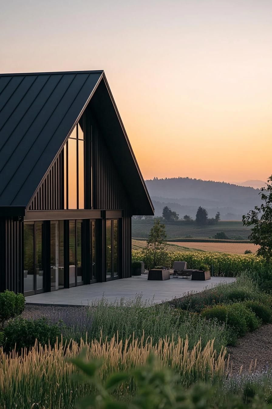modern a frame farmhouse with green garden walls stunning farmland with wheat fields 2