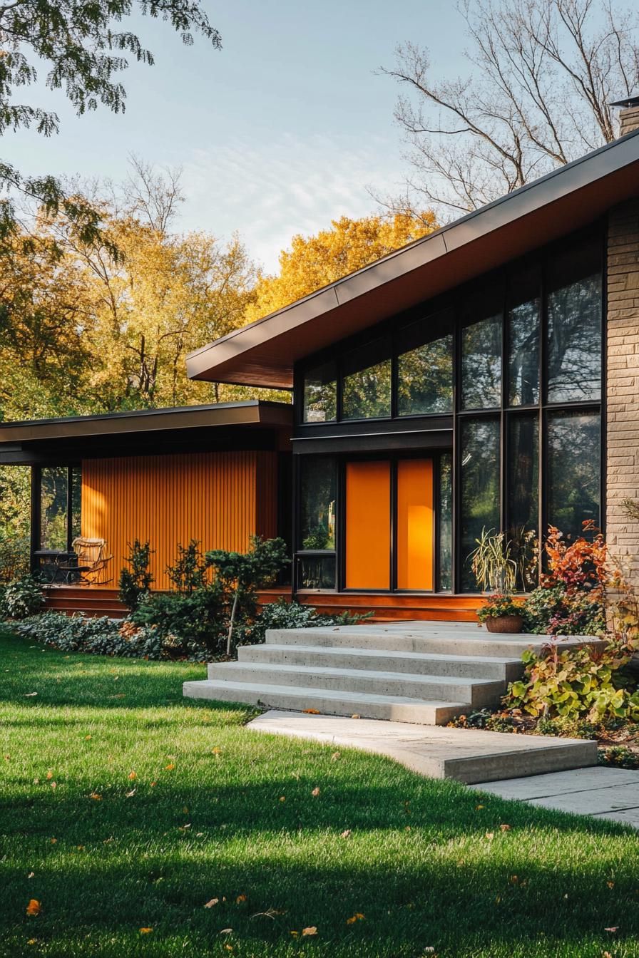 70s midcentury house facade in earth tone colors and bold accent hues large lawn front yard