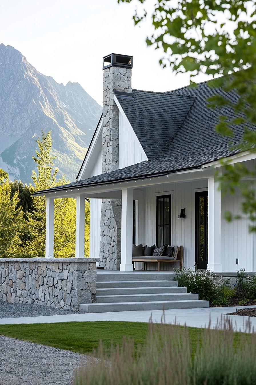 modern cottage style mountain house facade with white stone foundation white clapboard siding concrete porch with stone and grey wood columns grey 2