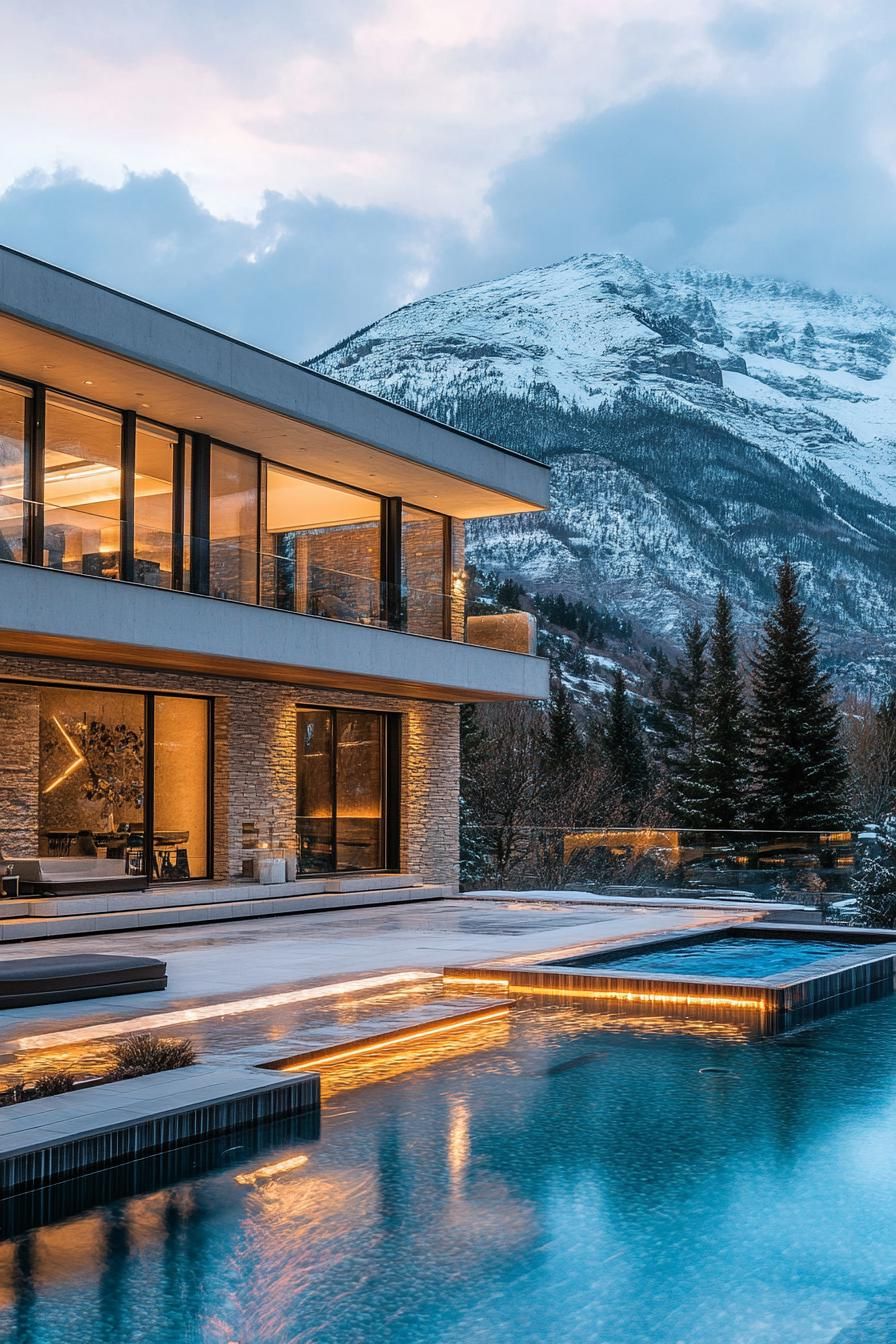 modern house multi level pool with integrated hot tub mountain with snow top in the background