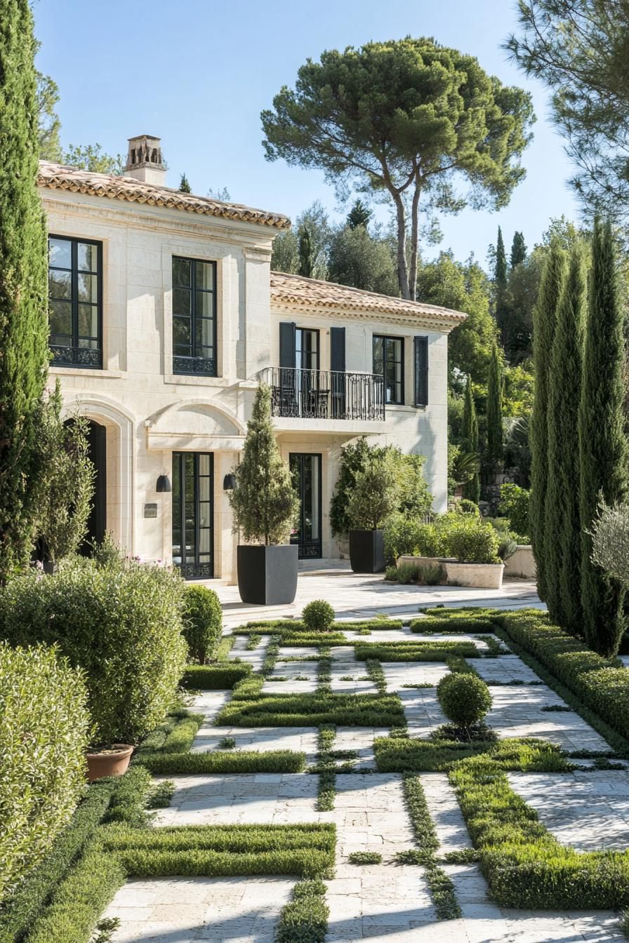 modern French country house limestone facade geometric garden paths French riviera garden 3