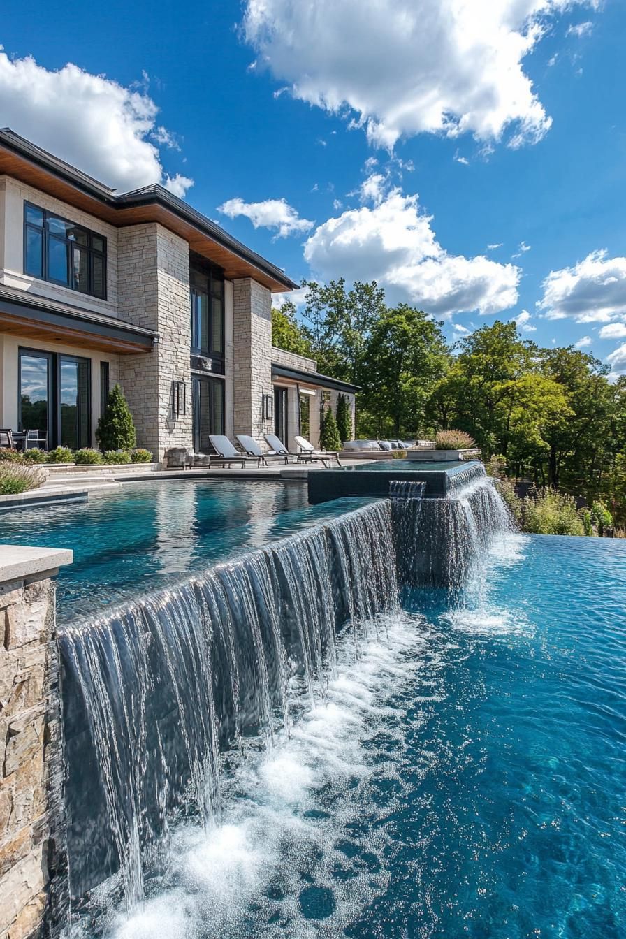 modern suburban mansion infinity pool with waterfall feature 2
