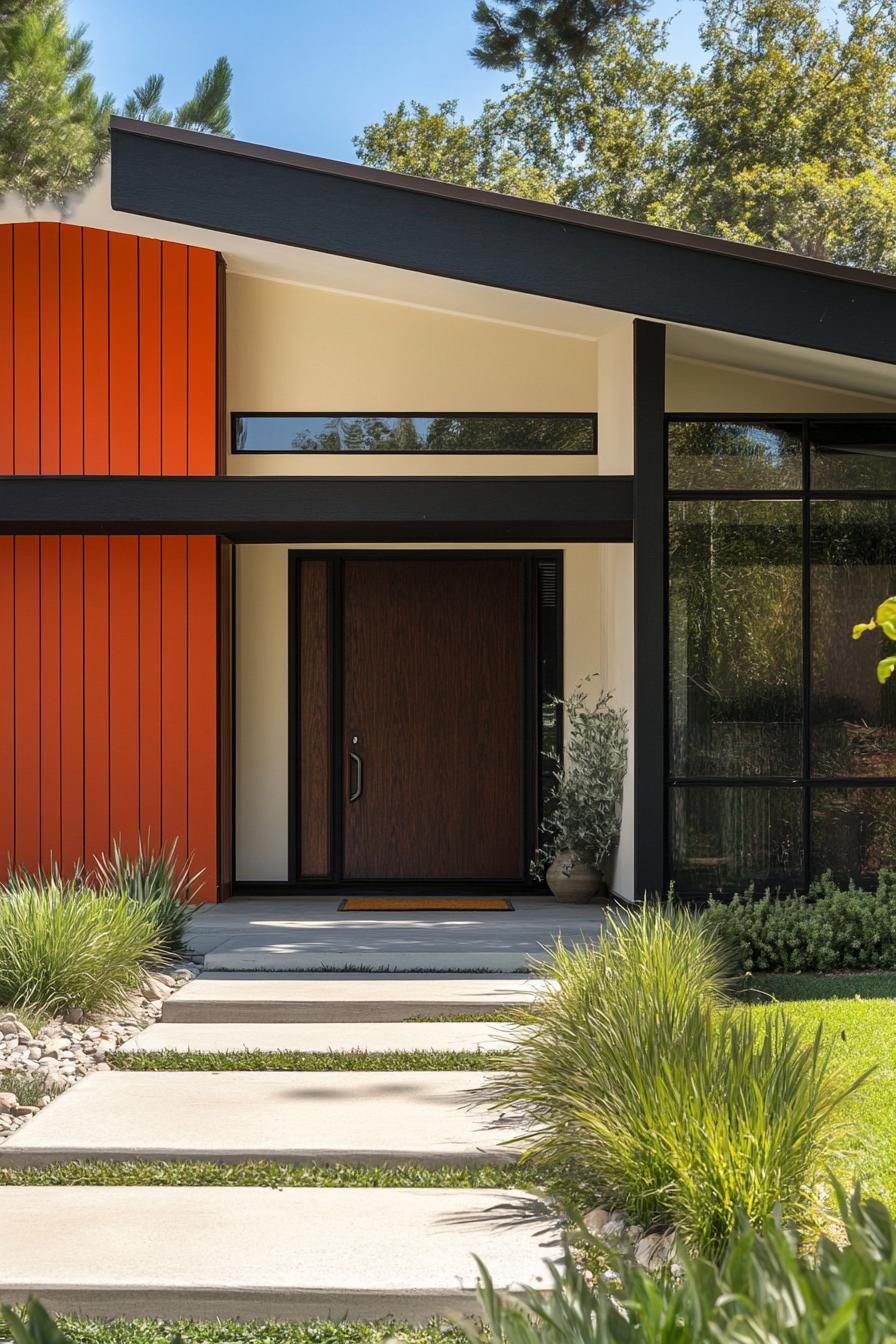 mid century modern house facade in rust orange and cream with dark wood panels