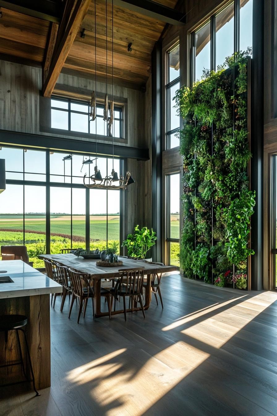 modern barn style home farmhouse modern interior with indoor vertical garden stunning green farmland fields visible through large windows 2