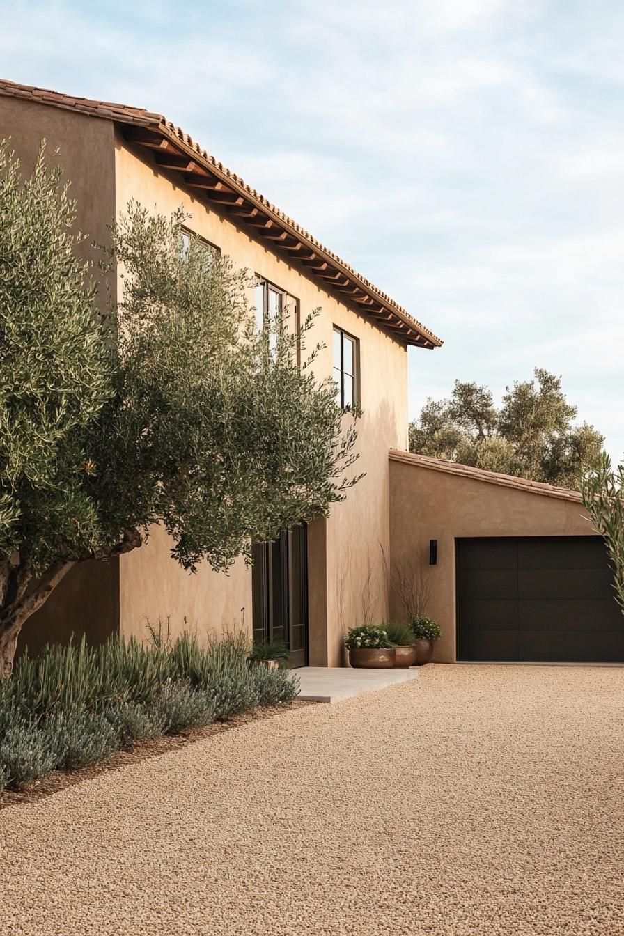 modern Tuscan mediterranean house earthy toned stucco facade with modern garage and gravel driveway lined with olive trees