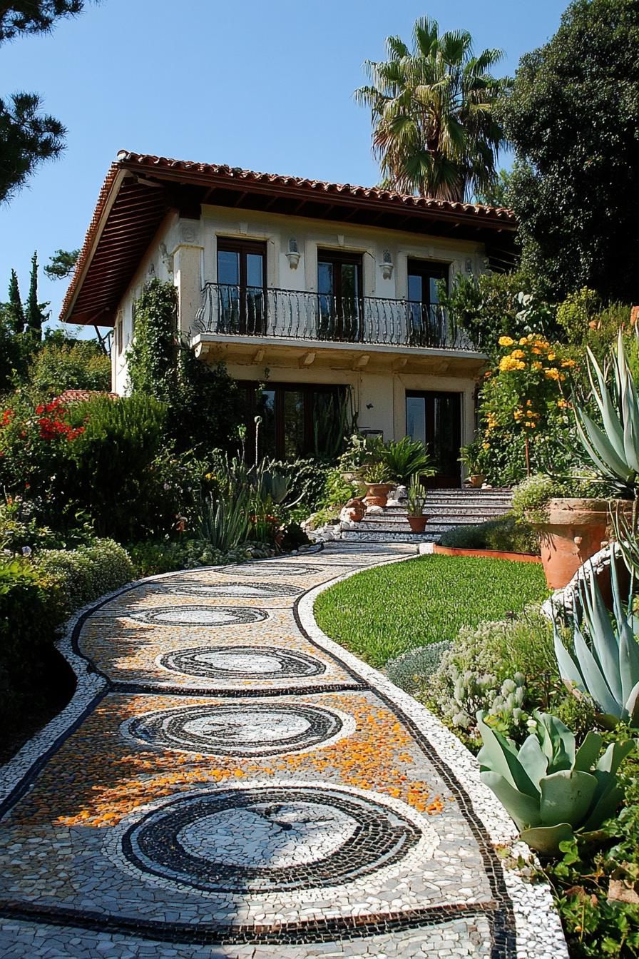 modern terrace house front yard mosaic path mediterranean 2