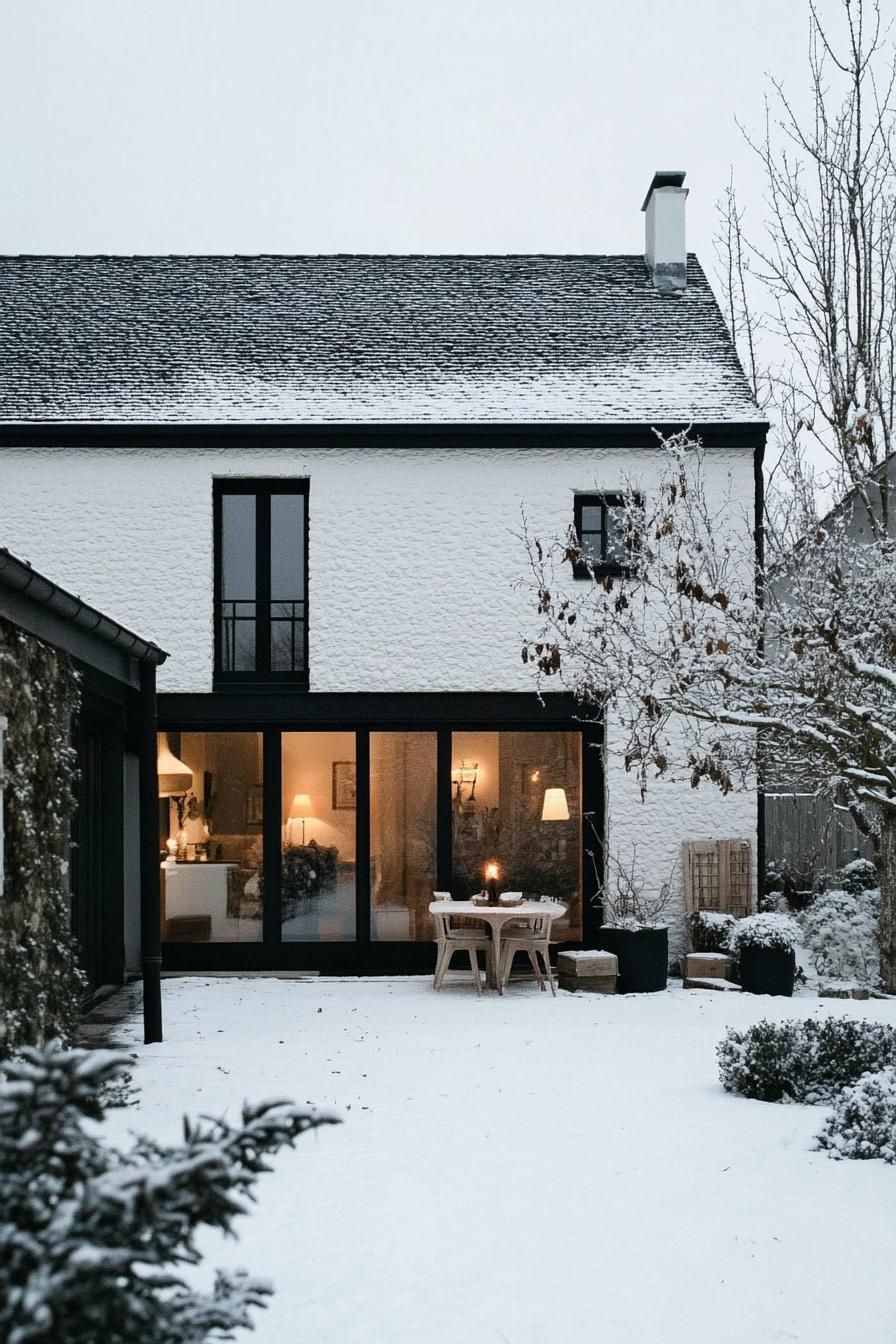 modern French house black steel frame with white plaster in French winter countryside 3