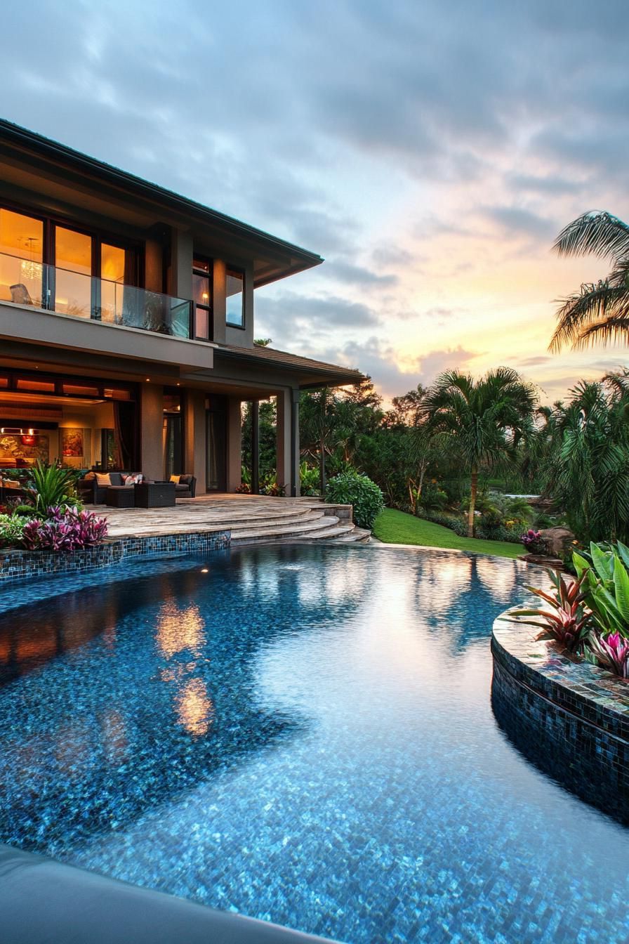modern house backyard pool landscape with lush tropical plants 3