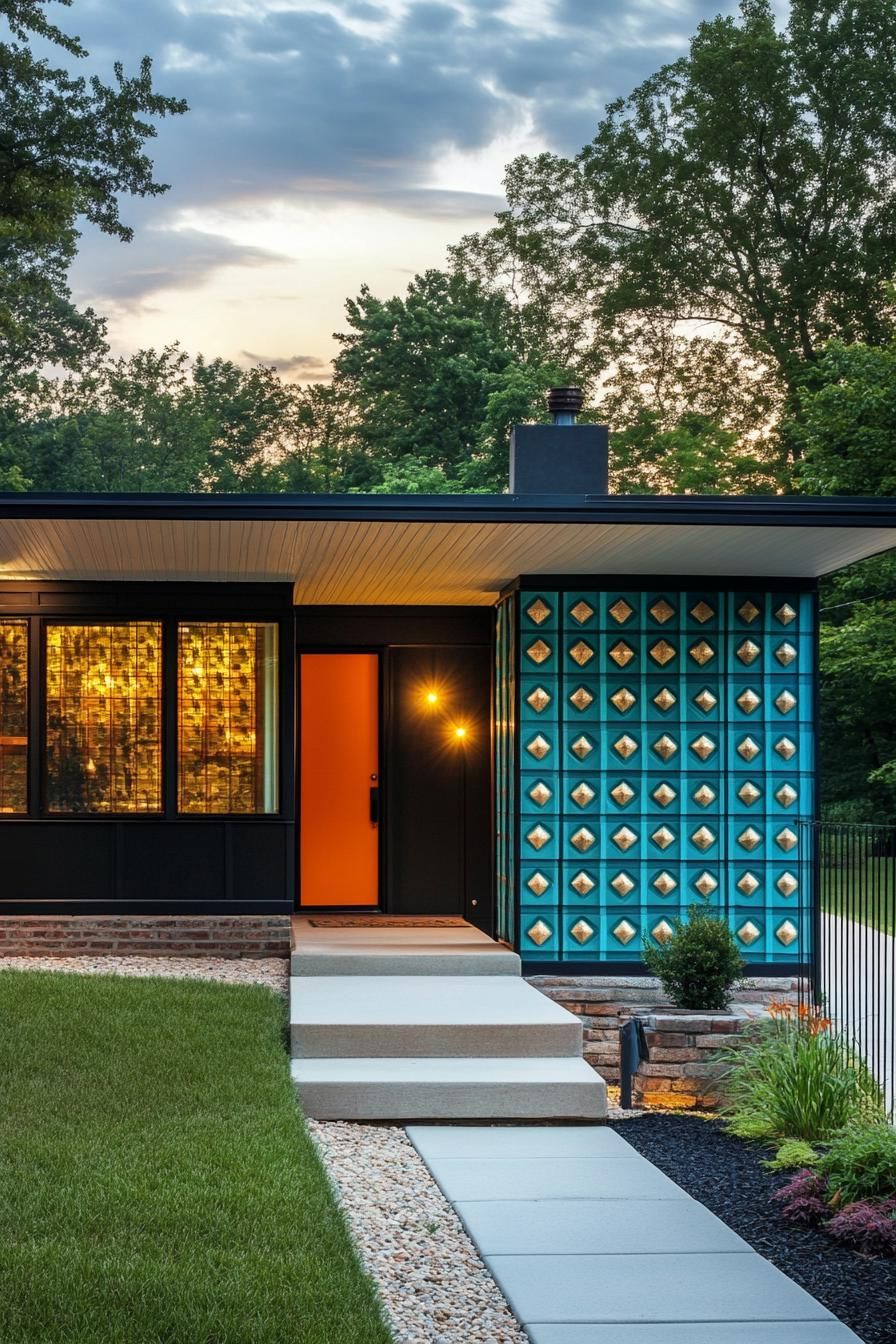 mid century modern house facade in turquoise and tengerine colors and geometric patterns 2