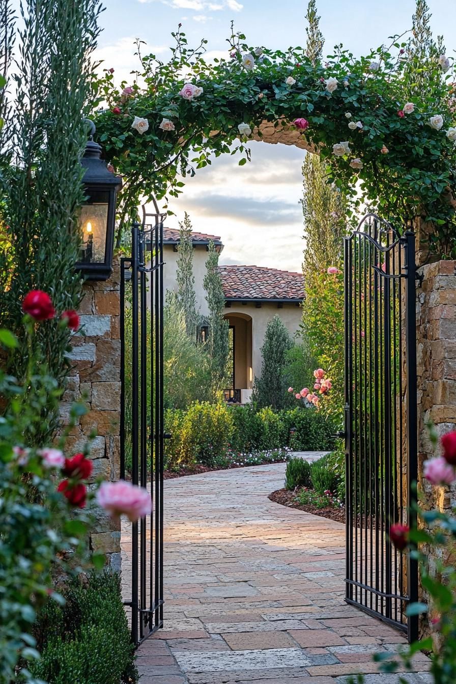 modern Tuscan mediterranean house gated yard entry with vintage lanterns wrought iron arch with climber roses