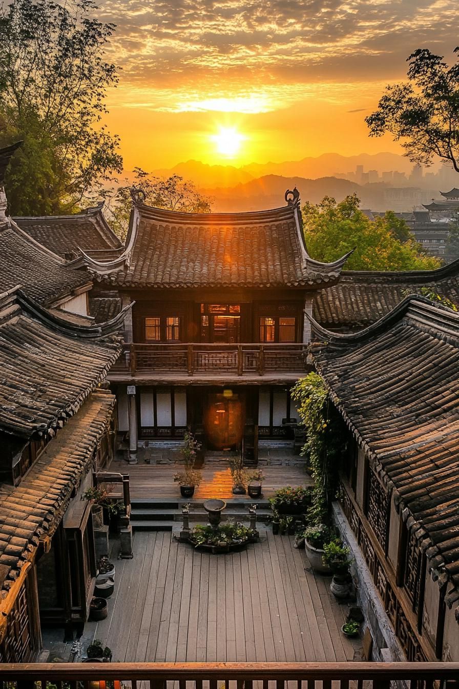 chinese inner courtyard with multi level terraces wooden deck antique chinese building detailing sunset visible over the roof from the courtyard 2