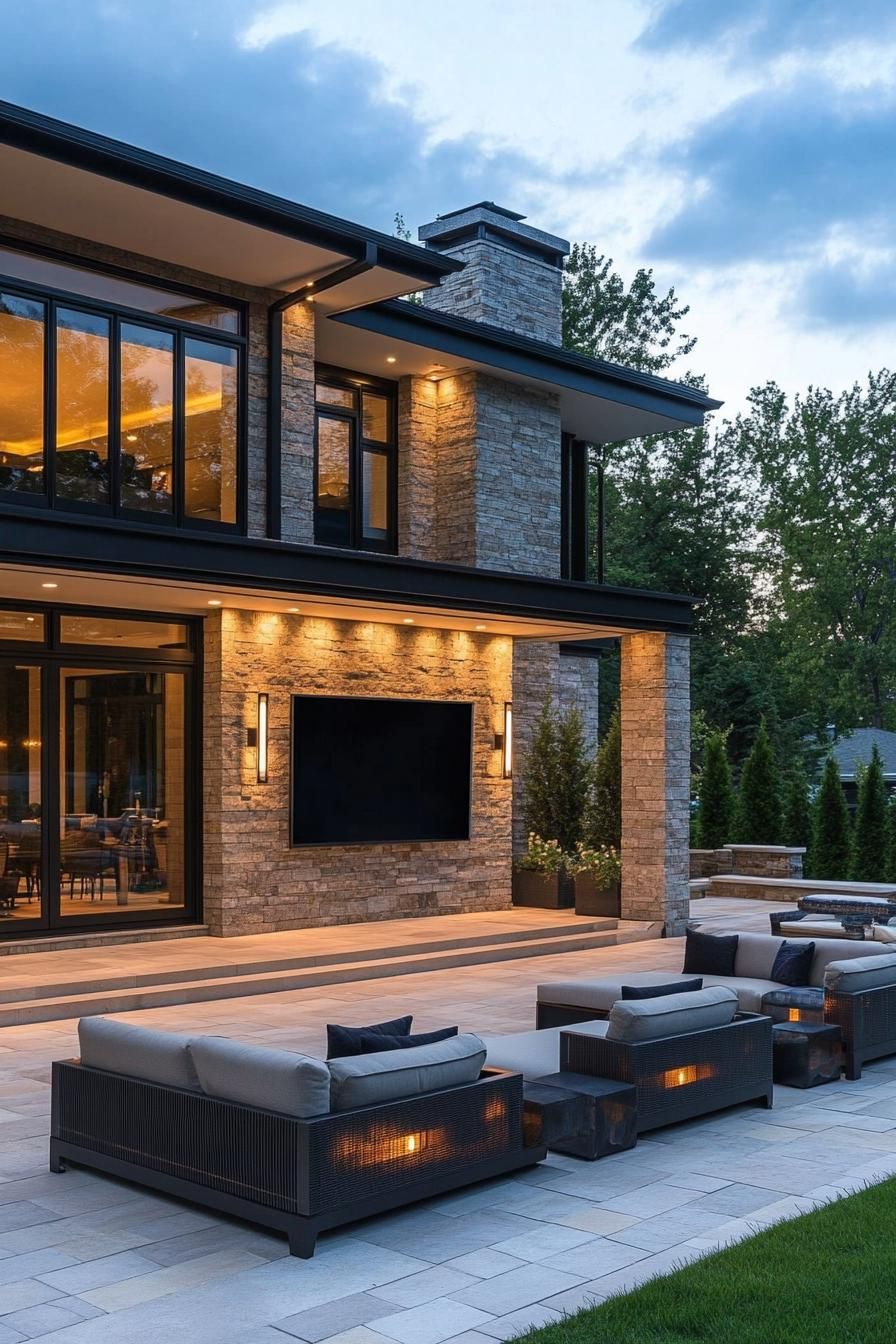 modern suburban mansion outdoor seating with large TV 3