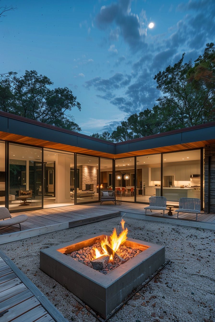 courtyard house gravel deck firepit