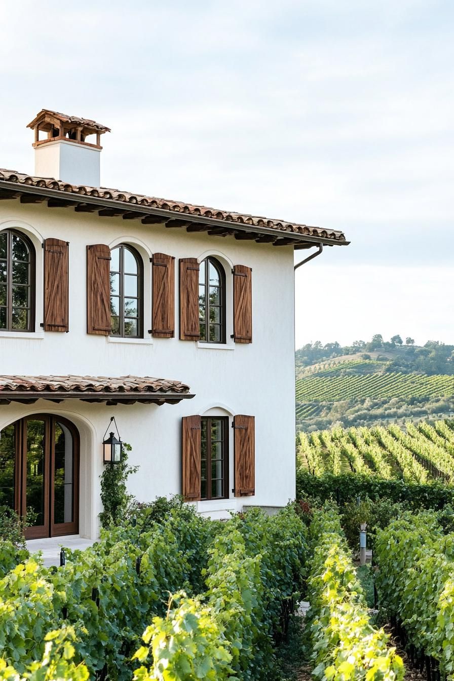 mediterranean revival architecture home facade with tall narrow windows and wooden shutters hilly vineyard landscape 3