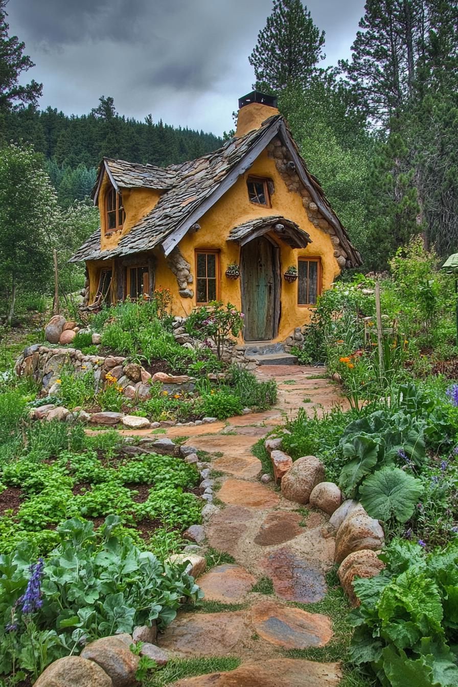 small cob house whimsical exterior with veggie garden and stone paths in a mountain forest clearing