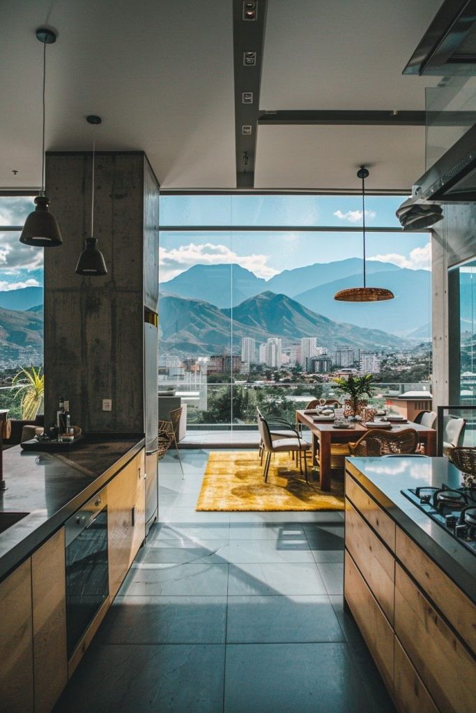 open floor kitchen and dining area with panoramic windows