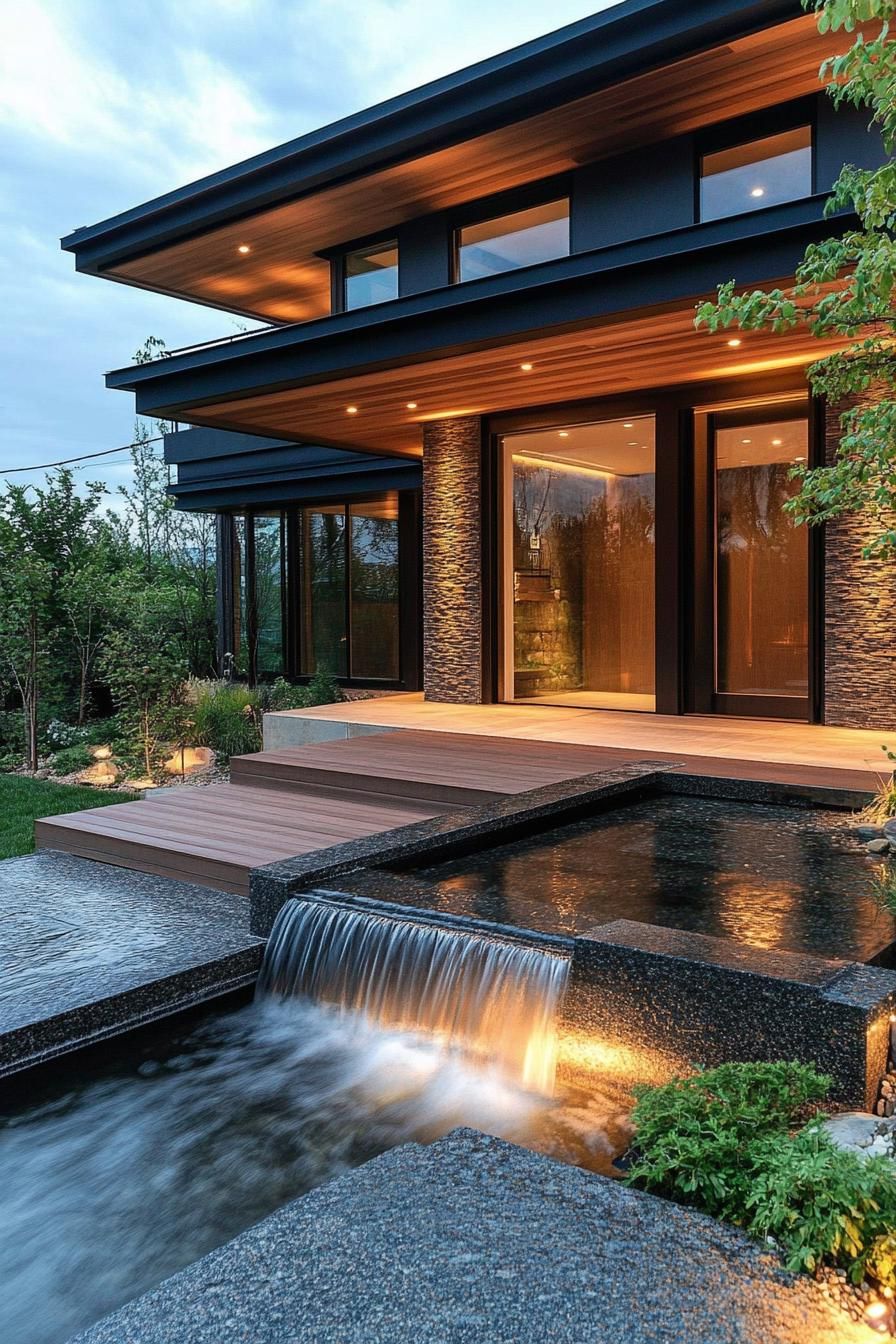 modern minimalist house facade with floating roof with LED lighting front yard zen garden with water stream and small waterfall 2