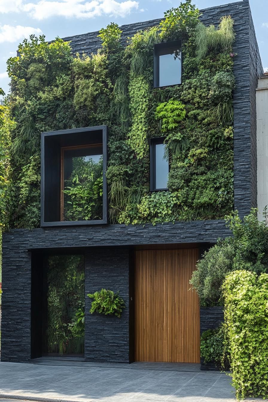 modern dark stone house facade with lush green vertical gardens