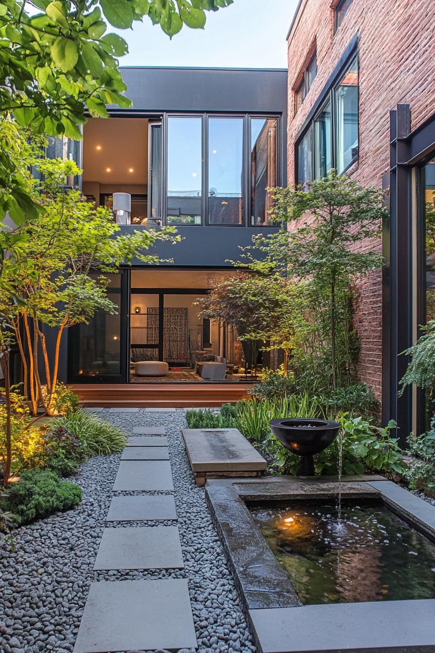 modern courtyard lush garden with statement fountain 3