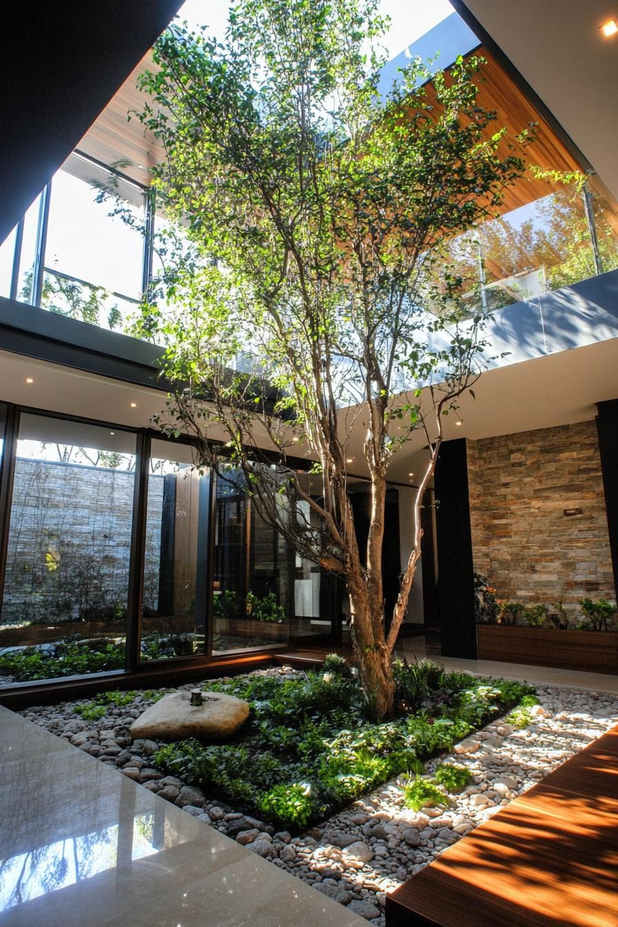modern industrial house indoor atrium with a tree and garden 3