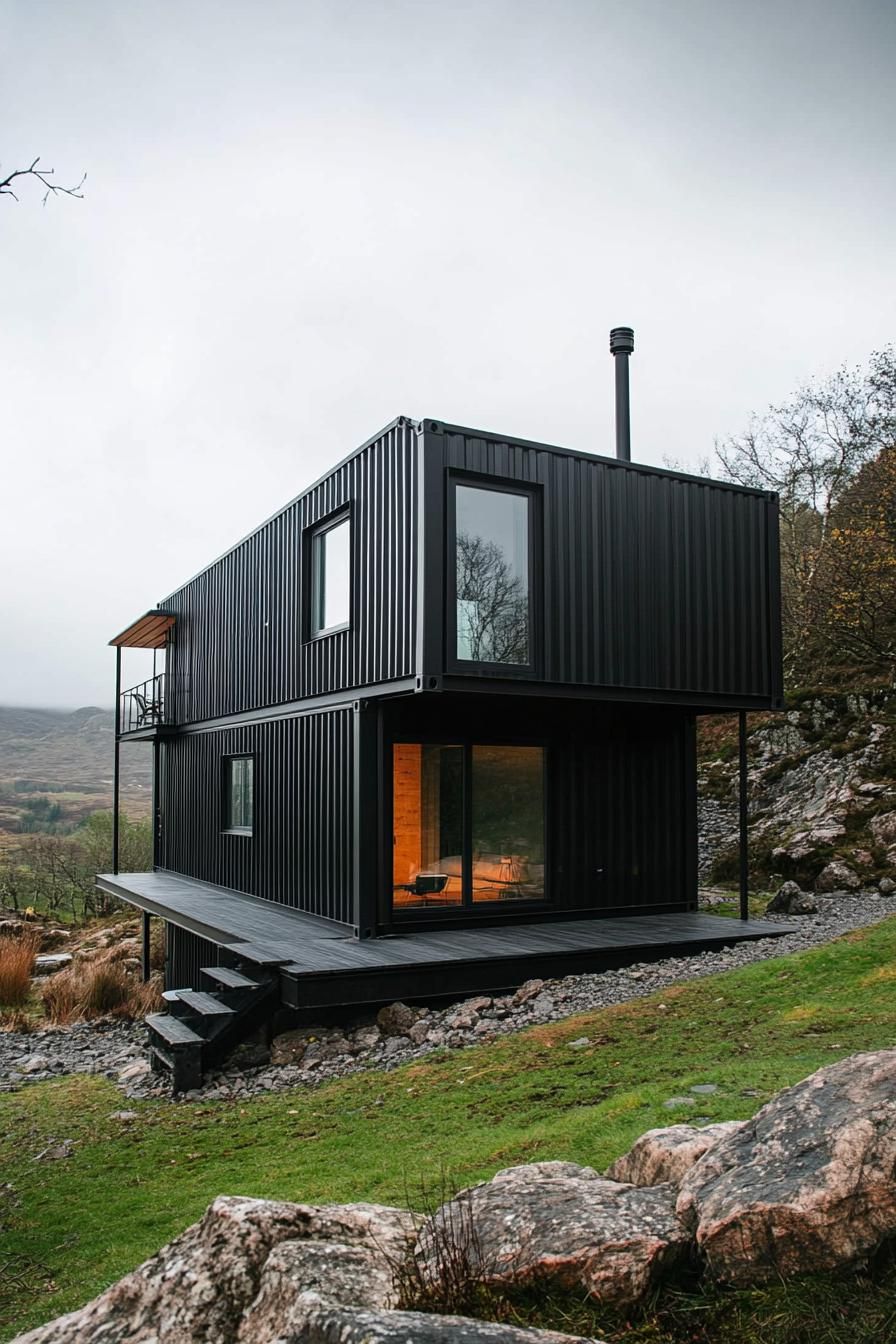 modern black shipping container house in stunning Scottish mountains 2