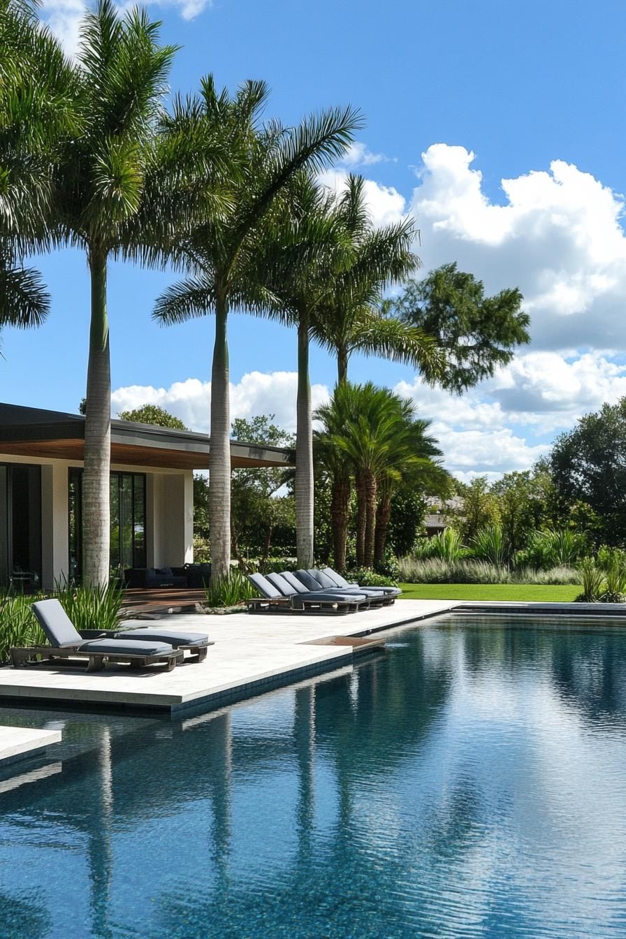 modern house backyard pool with poolside cabana landscape with tall palm trees 3