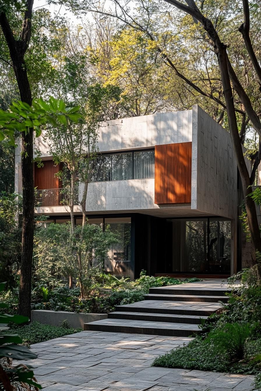 modern house with geometric solid facade shaded around with trees 2
