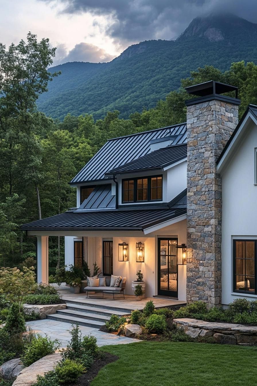 modern cottage style mountain house with white stucco facade stone chimney black metal roof entrance with gambrel and steps yard hardscape with