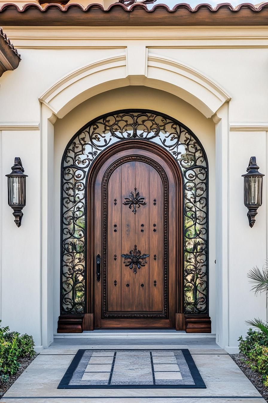 modern mediterranean revival architecture home carved wood front door with wrought iron detail