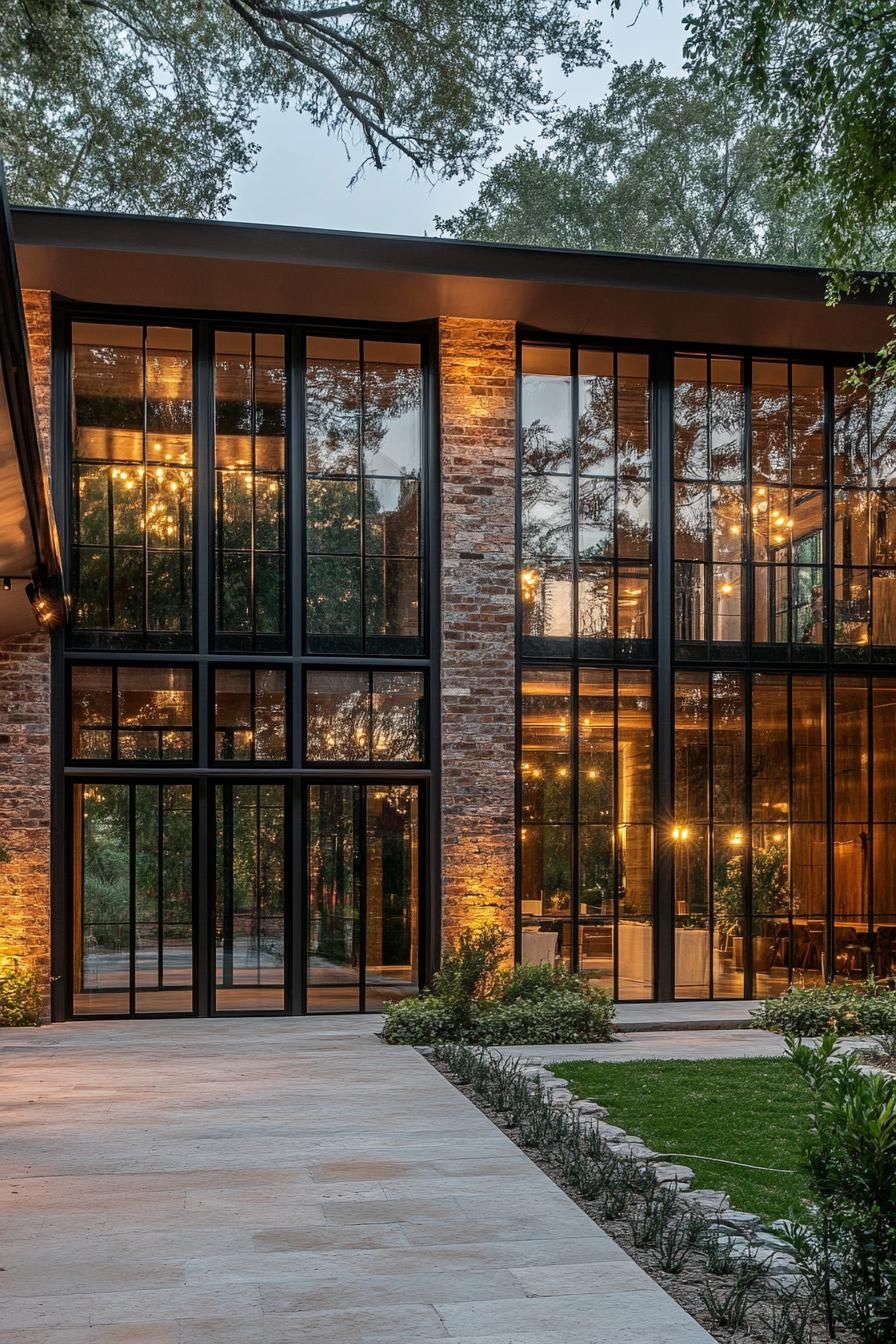 mid century modern and antique style house glass facade with wrought iron details