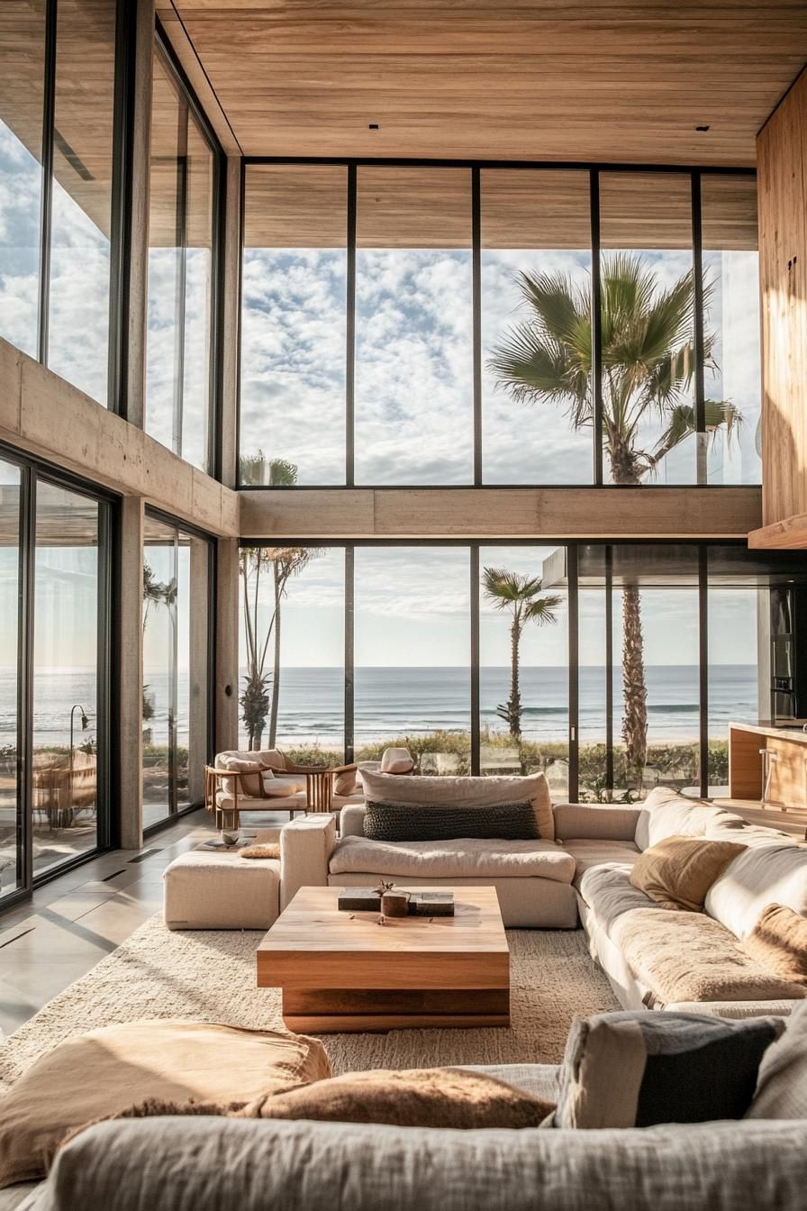 interior of a modern beach glass house. Spacious living area with floor to ceiling glass walls offering unobstructed views of the ocean. Clean