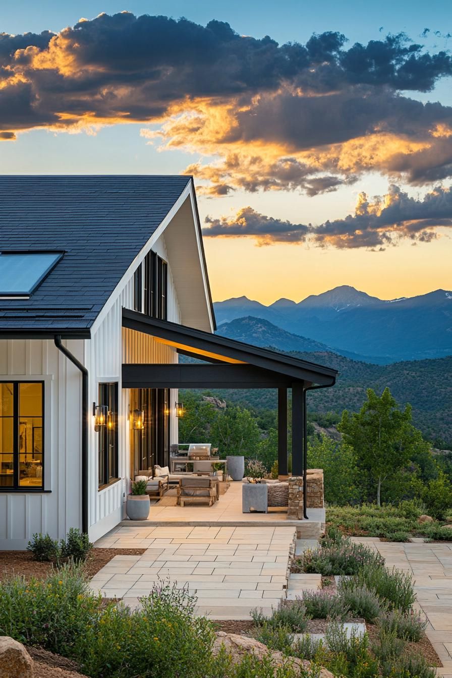 modern cottage style mountain house with white board and batten facade large open air porch with stone tile floor native landscaping stunning 3