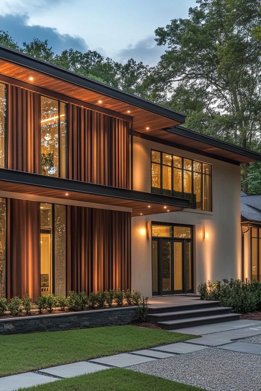 modern French house facade with vertical wood slats LED lighting French country side in winder 3
