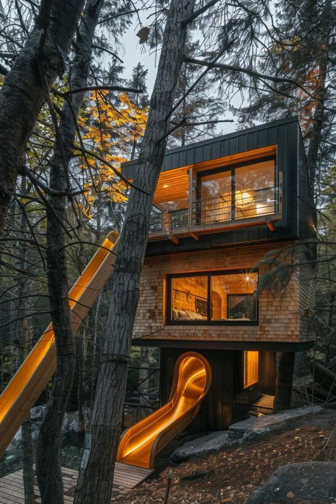 tree cabin with 2 slides