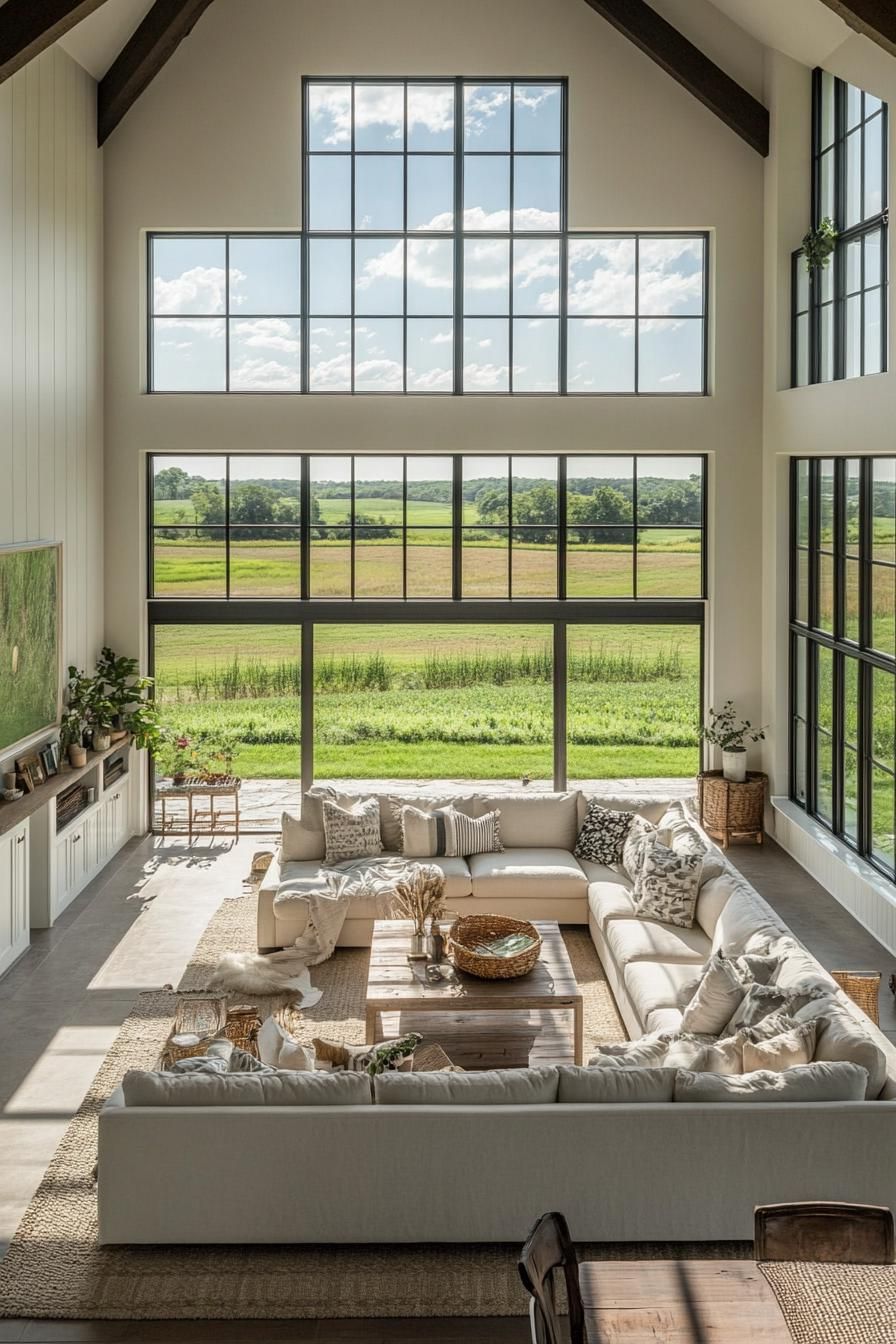 modern farmhouse home L shaped living room with double height ceiling large windows overlooking picturesque farm fields 3