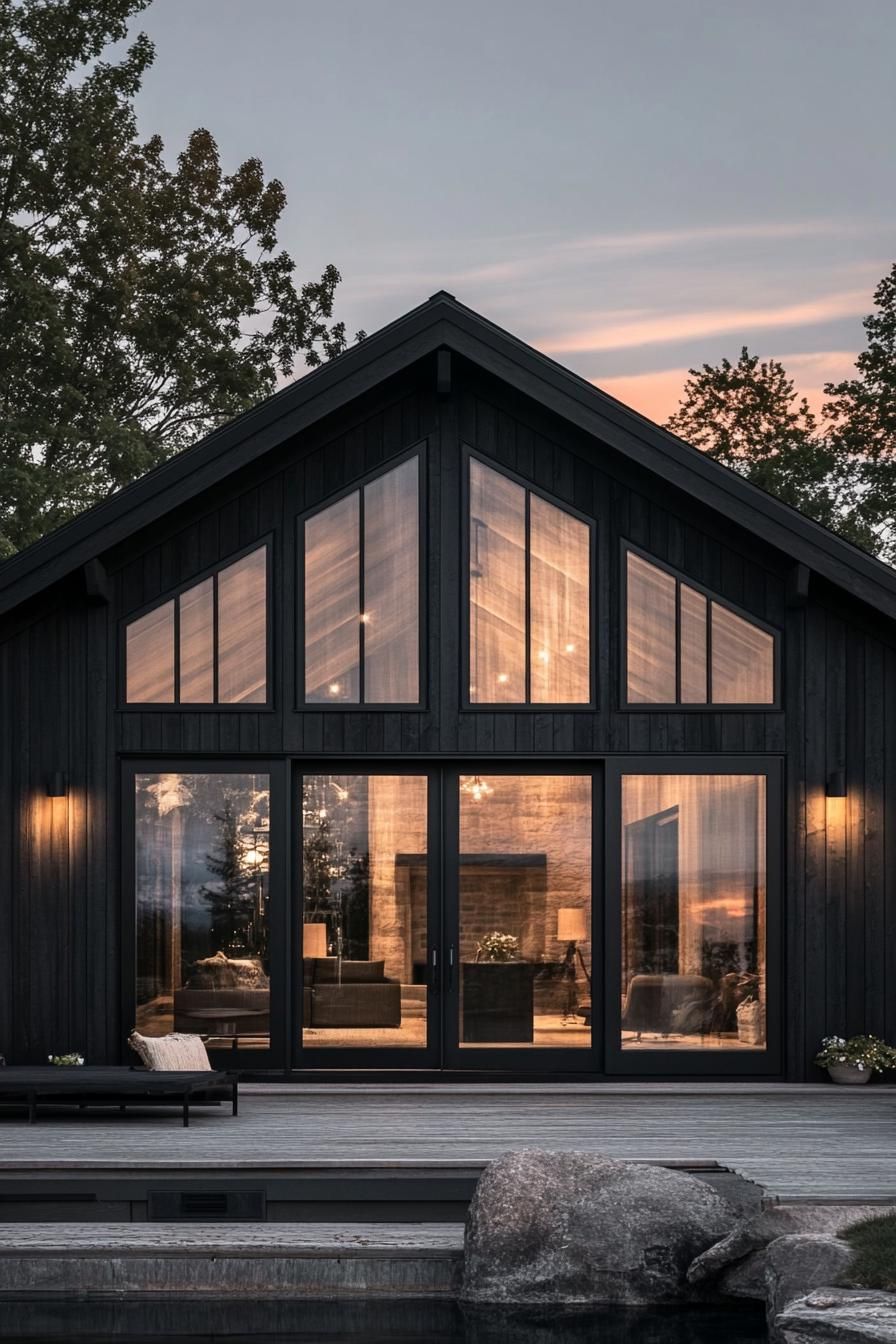 modern barndominium house facade with black timber cladding and large glass doors stunning lakeside views 3