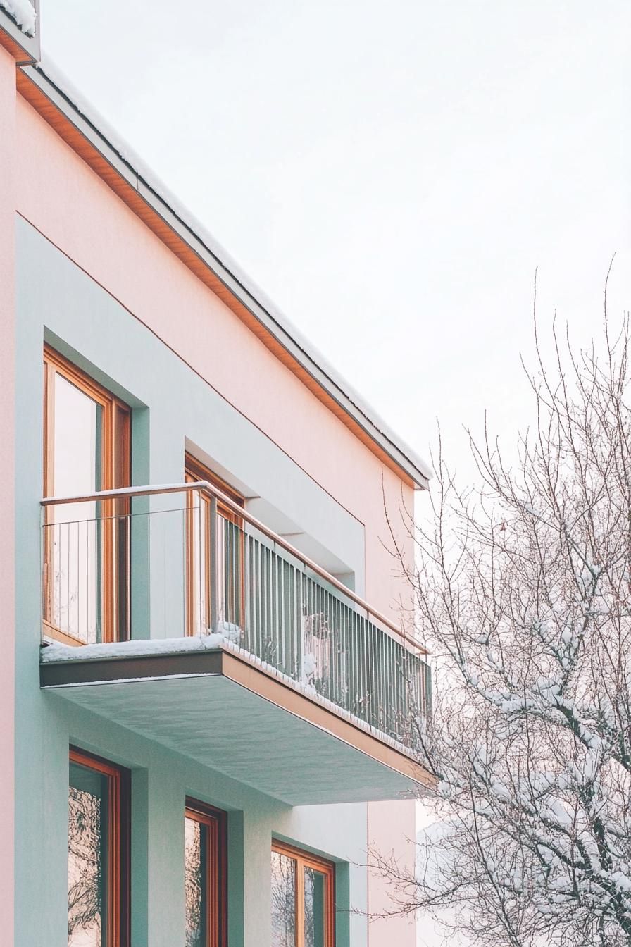 retro style modern house facade in pastel colors in winter