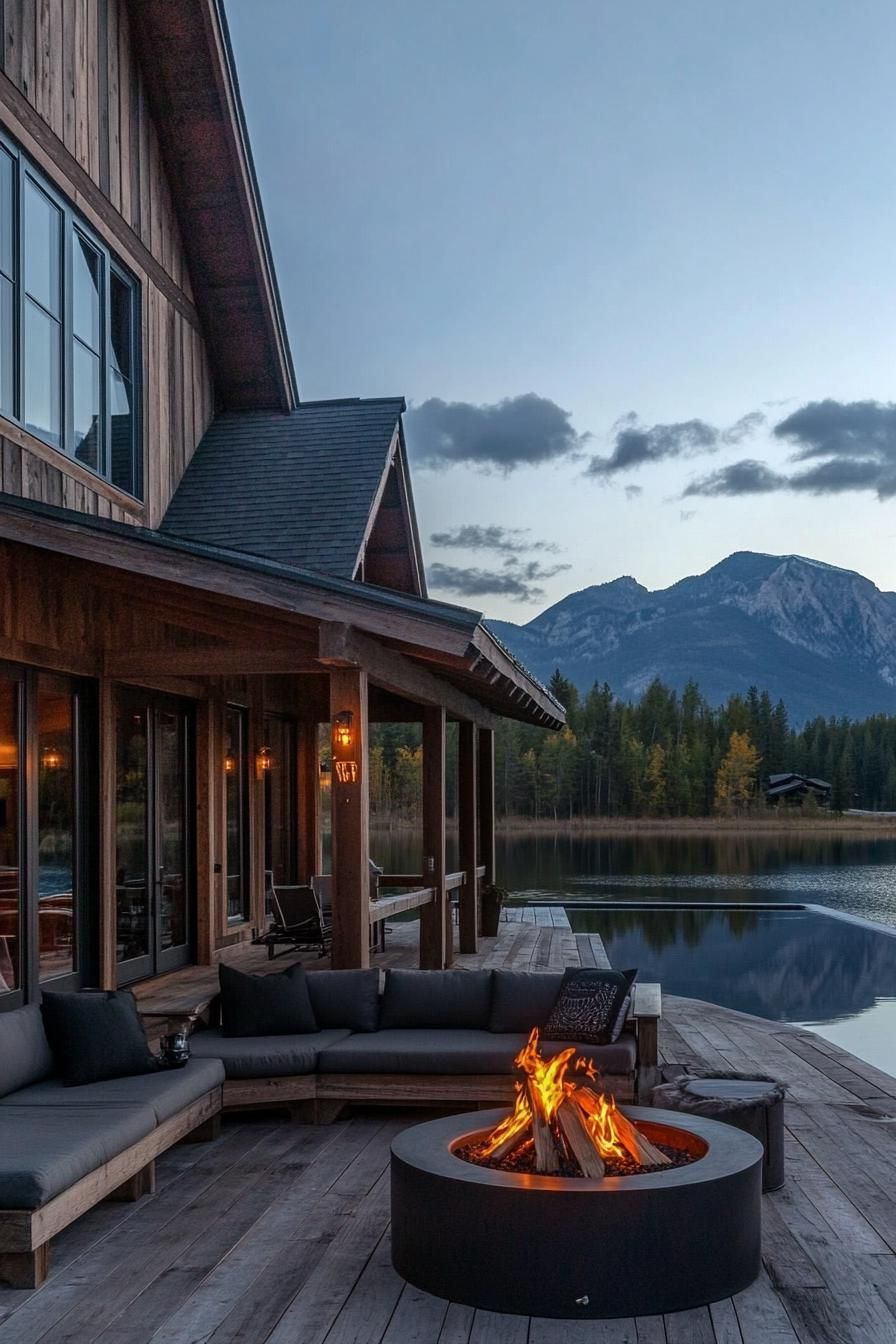modern barn style lakeside house porch with firepit lounge stunning mountain lake views