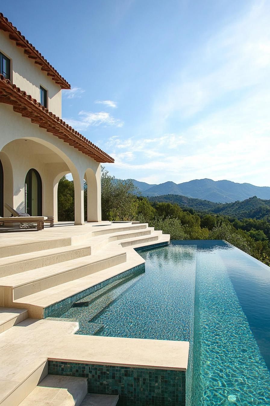modern Tuscan mediterranean house facade steps with ceramic tile mosaic infinity pool with Italian mountain views 3