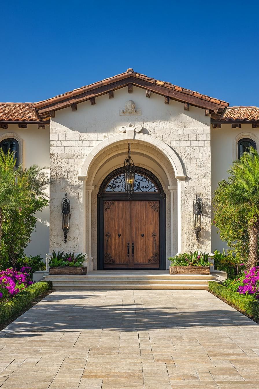 modern Italian mediterranean house modern facade with large ornate wooden front door 3